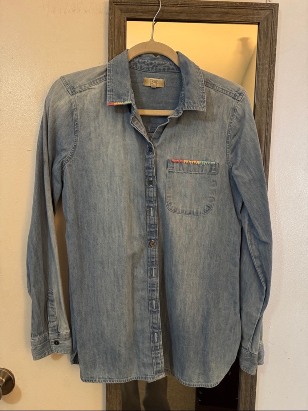 GUC Light Blue Denim Button-Down Shirt with Rainbow Stitch Detail